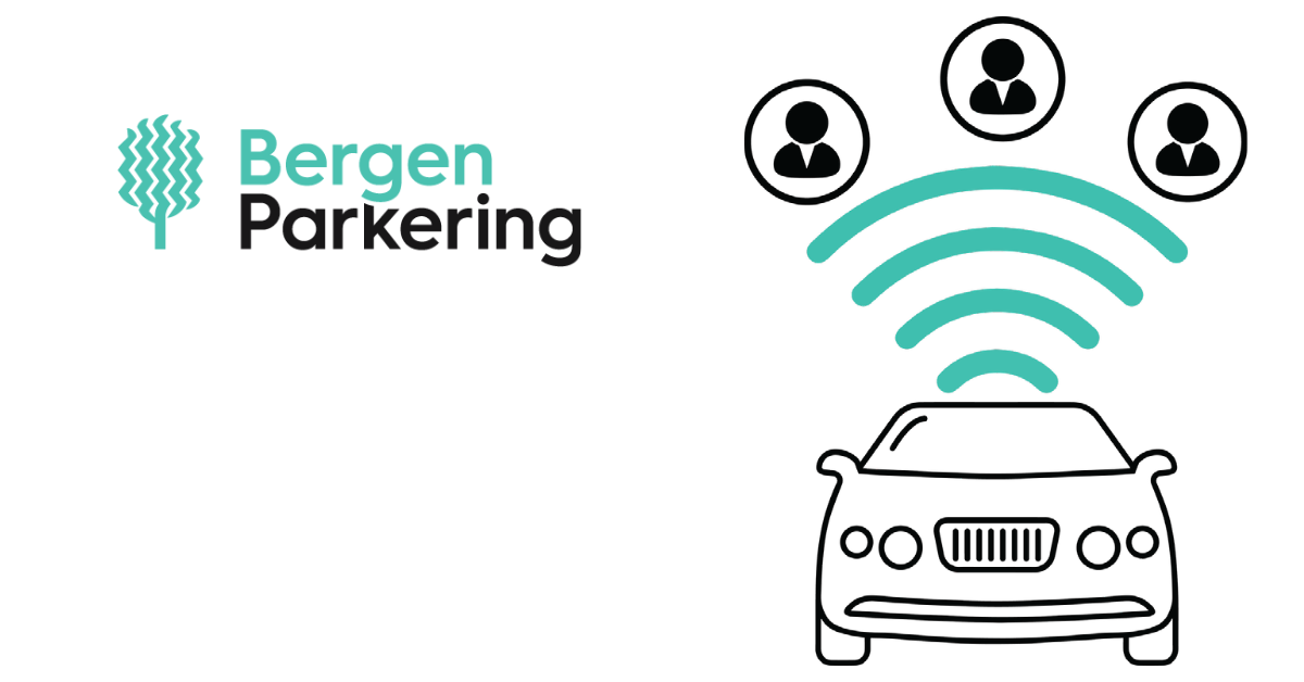 Bergen Parkering-logo med tregrafikk. Illustrasjon av en bil med trådløse symboler, fremhever ideen om bildeling, og tre brukerikoner over for å representere delt bekvemmelighet på ByGarasjen.