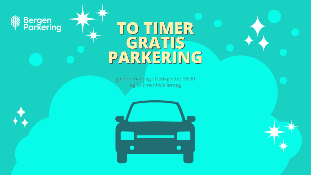 Illustrasjon med en blågrønn bil og tekst med teksten "To timer gratis parkering." Bakgrunnen viser glitrende stjerner og Bergen Parkering-logoen, som feirer Black Week.