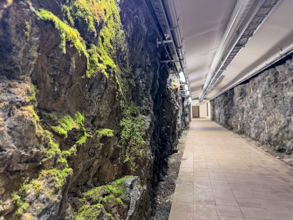 En gang med en grov, mosekledd steinvegg til venstre og flislagt gulv, med takduk og lysarmaturer som går langs taket.