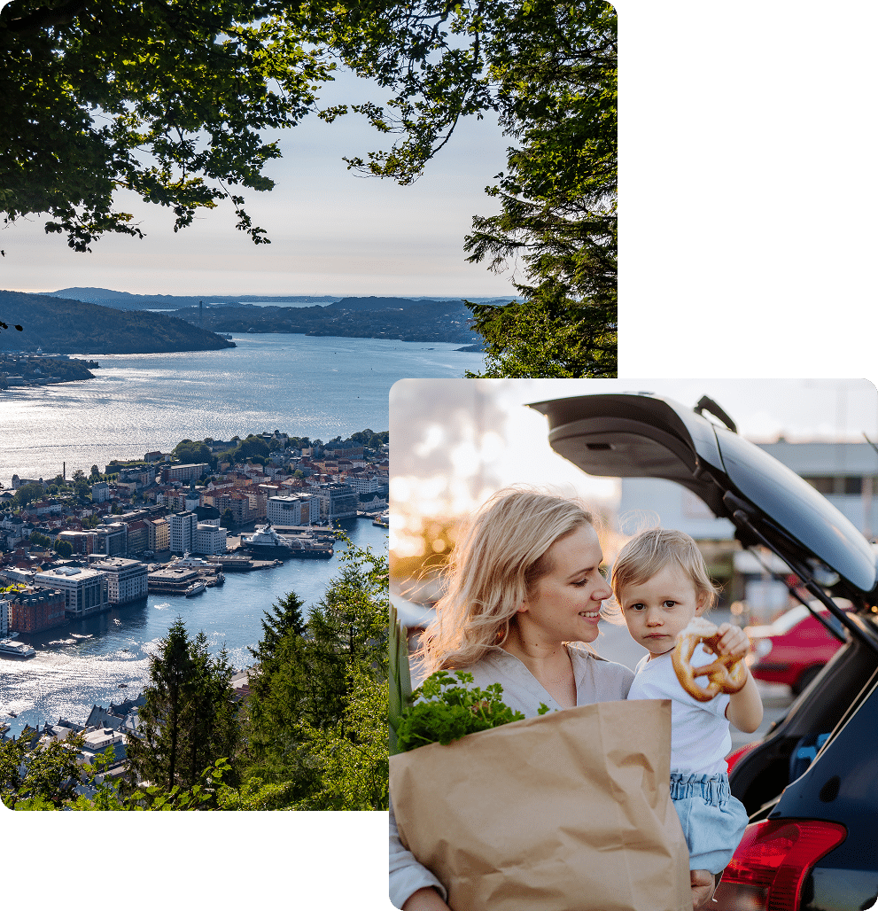 A city by a waterfront seen from above, with trees in the foreground; inset shows a woman and child by a car holding groceries and a pretzel.